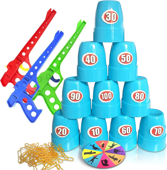Gamie Shooting Competition Game for Kids - Includes 3 Toy Guns, 100 Rubber Bands, 10 Cups, Game Turntable, Score Stickers and Instructions - Fun Target Practice Game for Boys and Girls