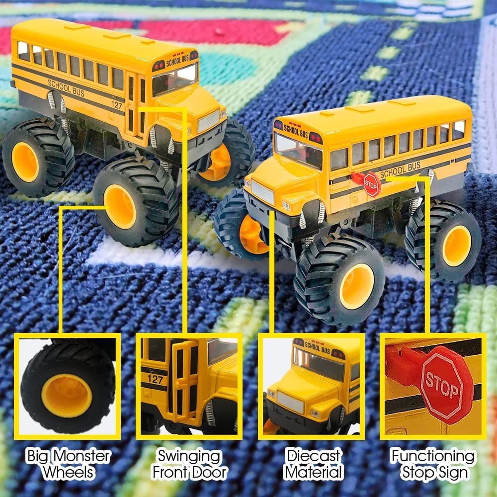 5" Pullback School Bus Toy Set - Set of 2 - Includes 2 Yellow School Buses with Monster Wheels - Diecast Bus Playset with Pullback Mechanisms - Great Gift Idea for Boys and Girls
