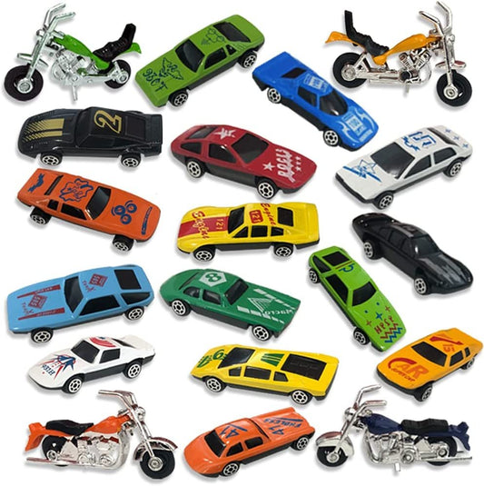 ArtCreativity Diecast Car and Motorcycle Toys, Set of 25, Cool Motorbike and Car Toys for Kids in Window Box, Fun Pretend Play Toys for Boys and Girls, Idea, Car Party Favors