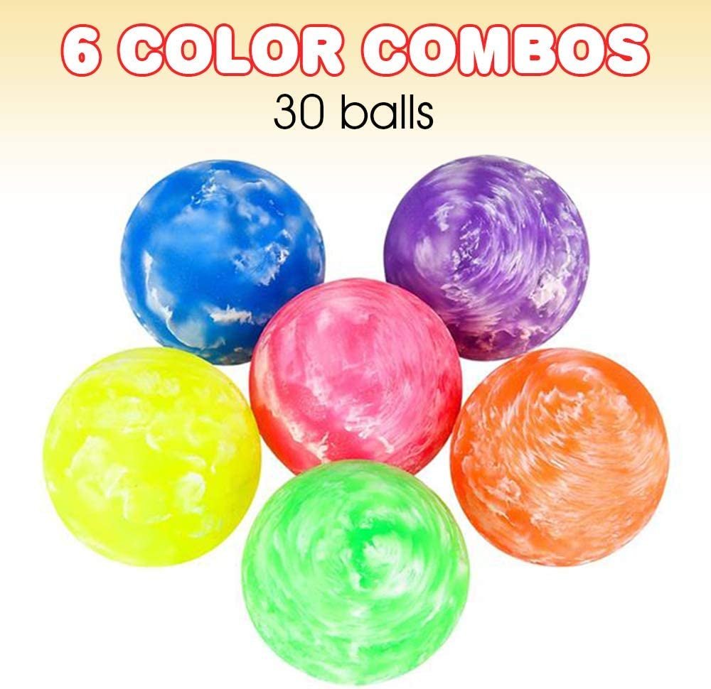 Marble Bouncy Balls for Kids, Set of 30 Bouncing Balls in a Storage Bucket, Marbleized Look and Extra-High Bounce, Fun Assorted Colors, Birthday Party Favors, Goodie Bag Fillers