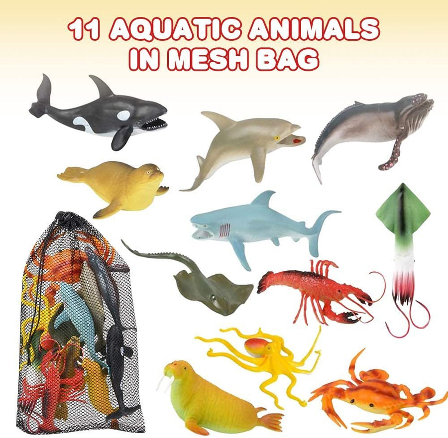 Aquatic Animal Assortment in Mesh Bag, Pack of 11 Sea Creature Figurines in Assorted Designs, Bath Water Toys for Kids, Ocean Life Party Décor, Party Favors for Boys and Girls