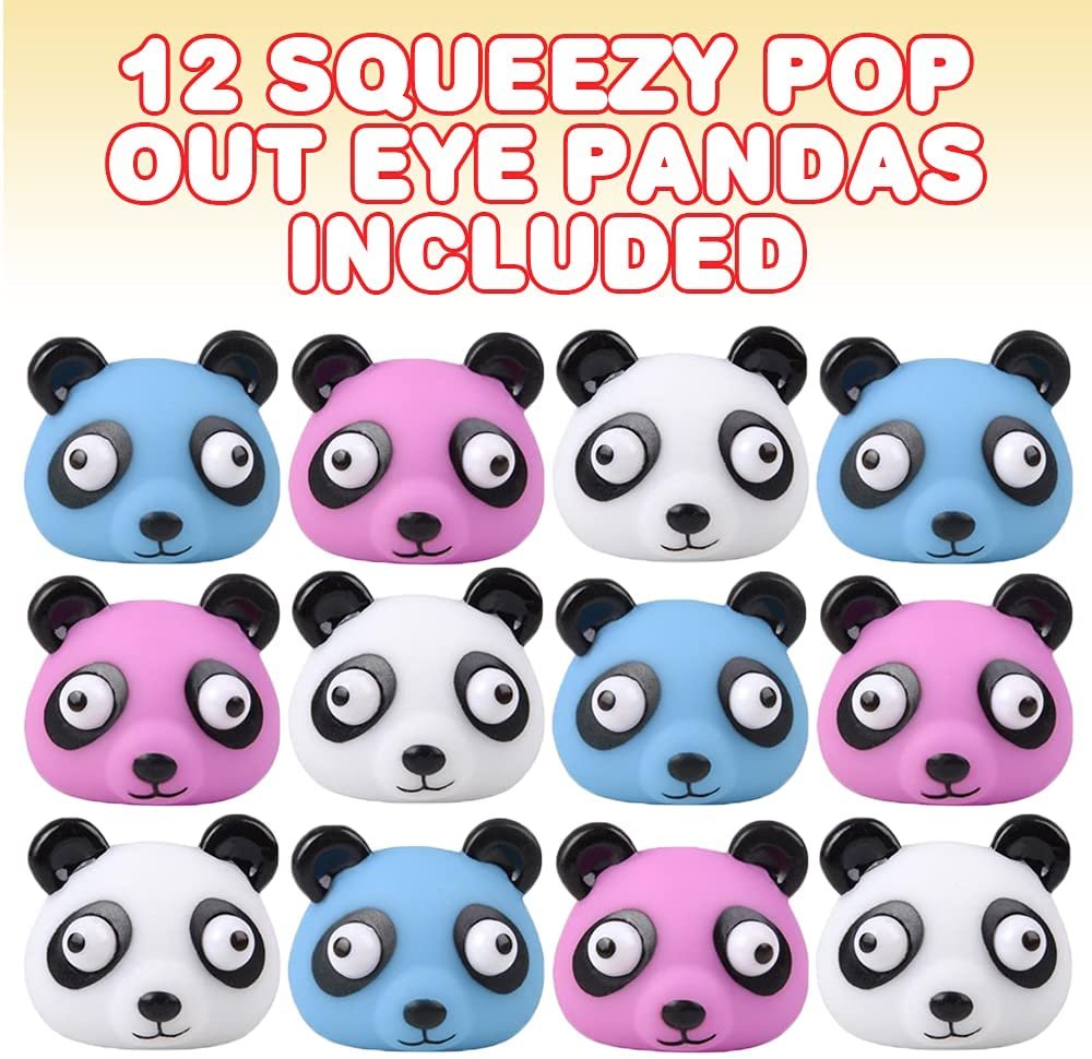 Squeezy Panda with Pop Out Eyes, Set of 12, Fun Squeeze Stress Relief Toys for Kids, Fun Goodie Bag Fillers, Birthday Party Favors for Boys and Girls