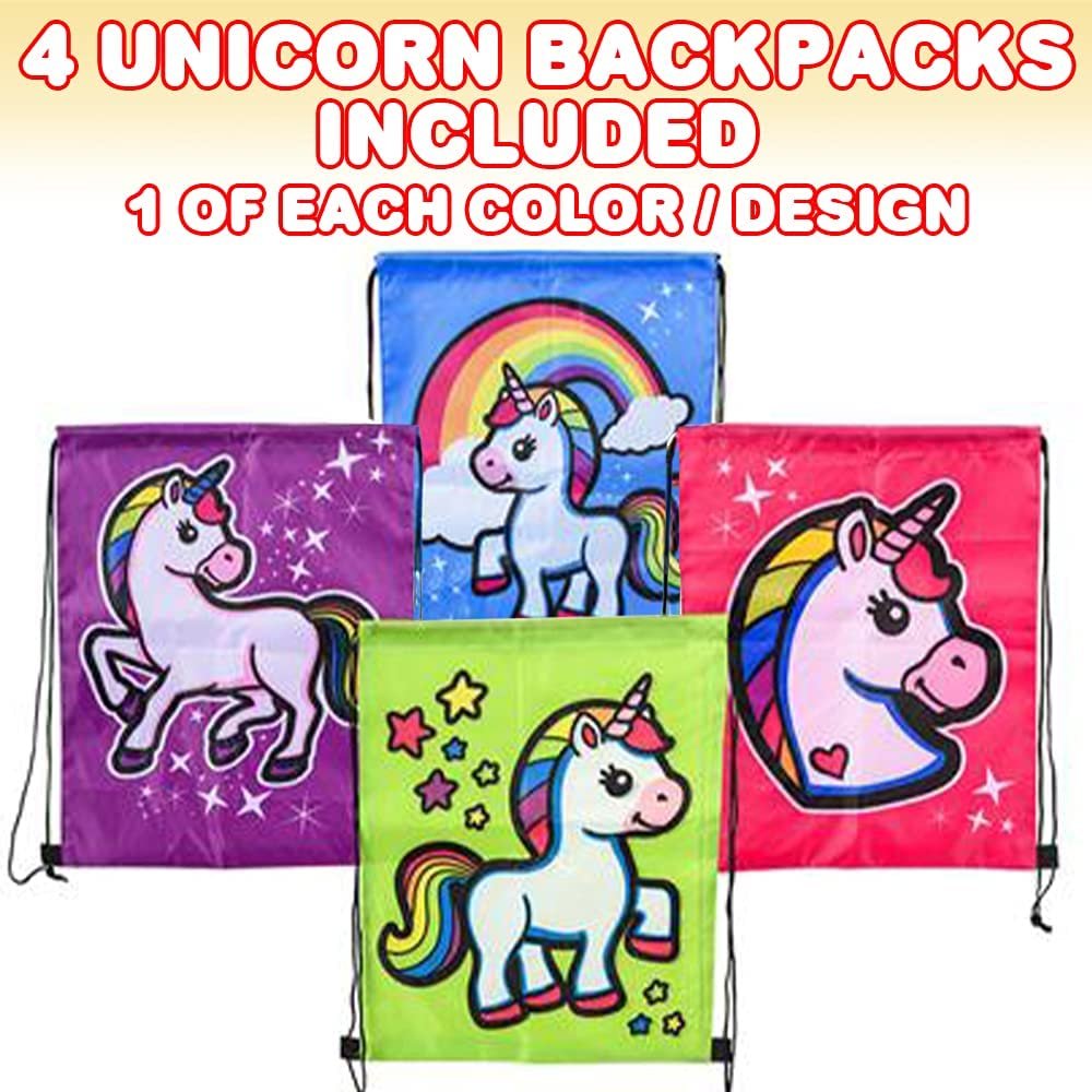 Unicorn Backpacks, Set of 4, Unicorn Bags for Kids with Drawstring Straps, Unicorn Birthday Party Favors for Boys and Girls, Princess Party Supplies, 4 Vibrant Colors