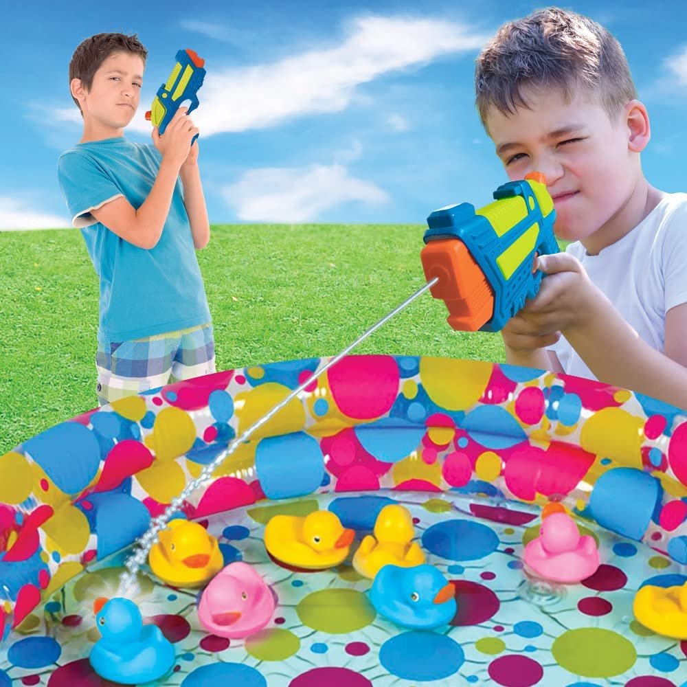 Gamie Duck’em Down Shooting Game, Carnival Duck Pond Game with 1 Inflatable Pool, 2 Water Guns, and 20 Ducks, Backyard Games for Kids, Outdoor Summer Toys, and Carnival Theme Party Decorations