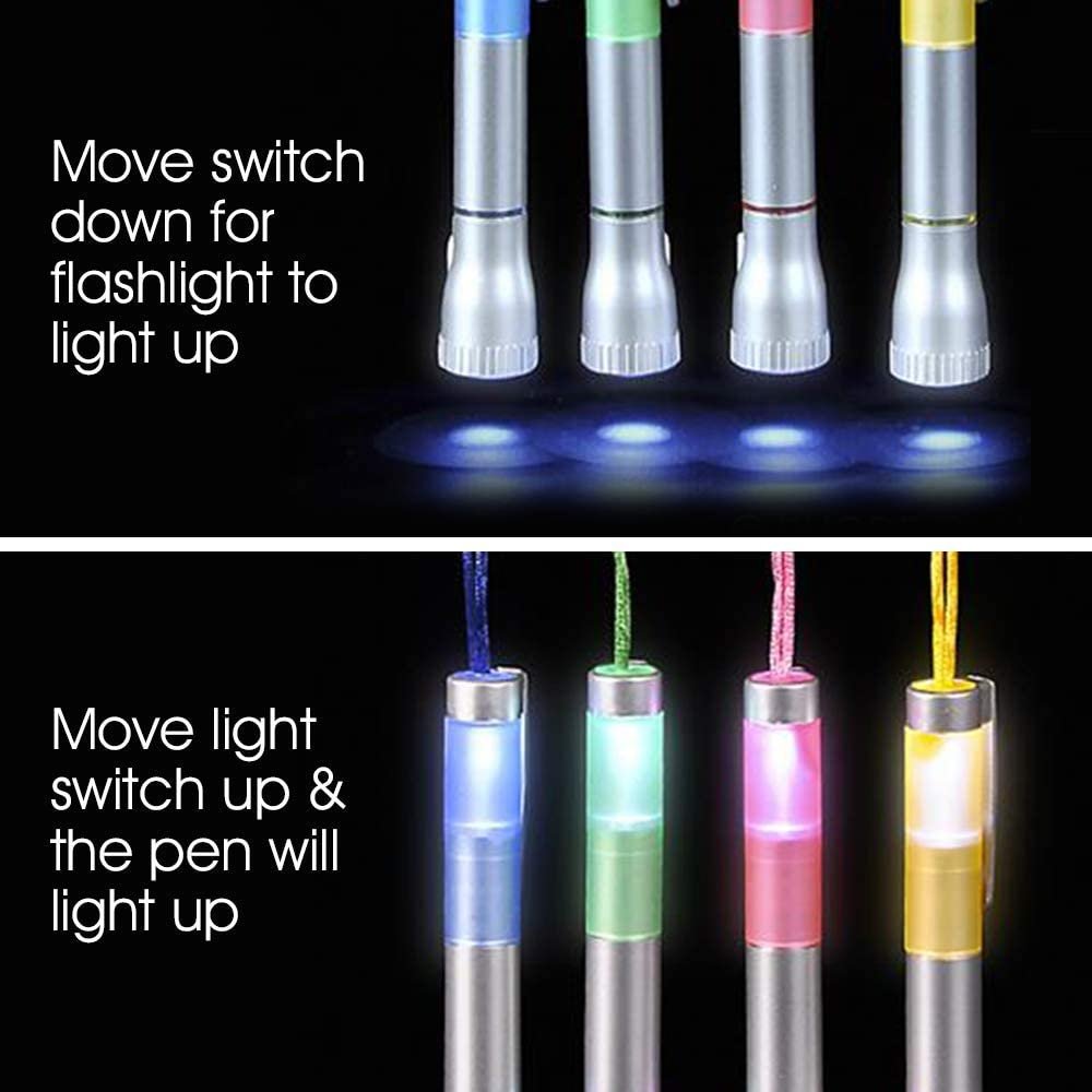 Light Up Pen with Necklace, Set of 4 Flashlight Pens for Kids, Back to School Stationery Supplies, Light-Up Toy Party Favors, Stocking Stuffers, Classroom Gifts