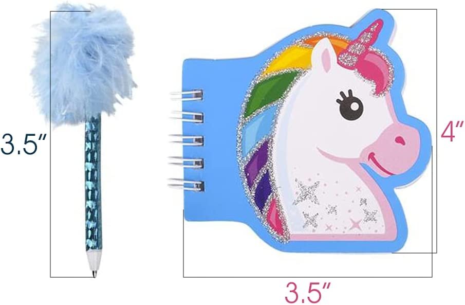 Unicorn Notebook and Pen Set for Kids, Set of 12, Feather-Tipped Pen and Small Glittery Note Pad with Loop Pen Holder Per Set, Fun Stationery Party Favors, Goodie Bag Fillers, Teacher Rewards