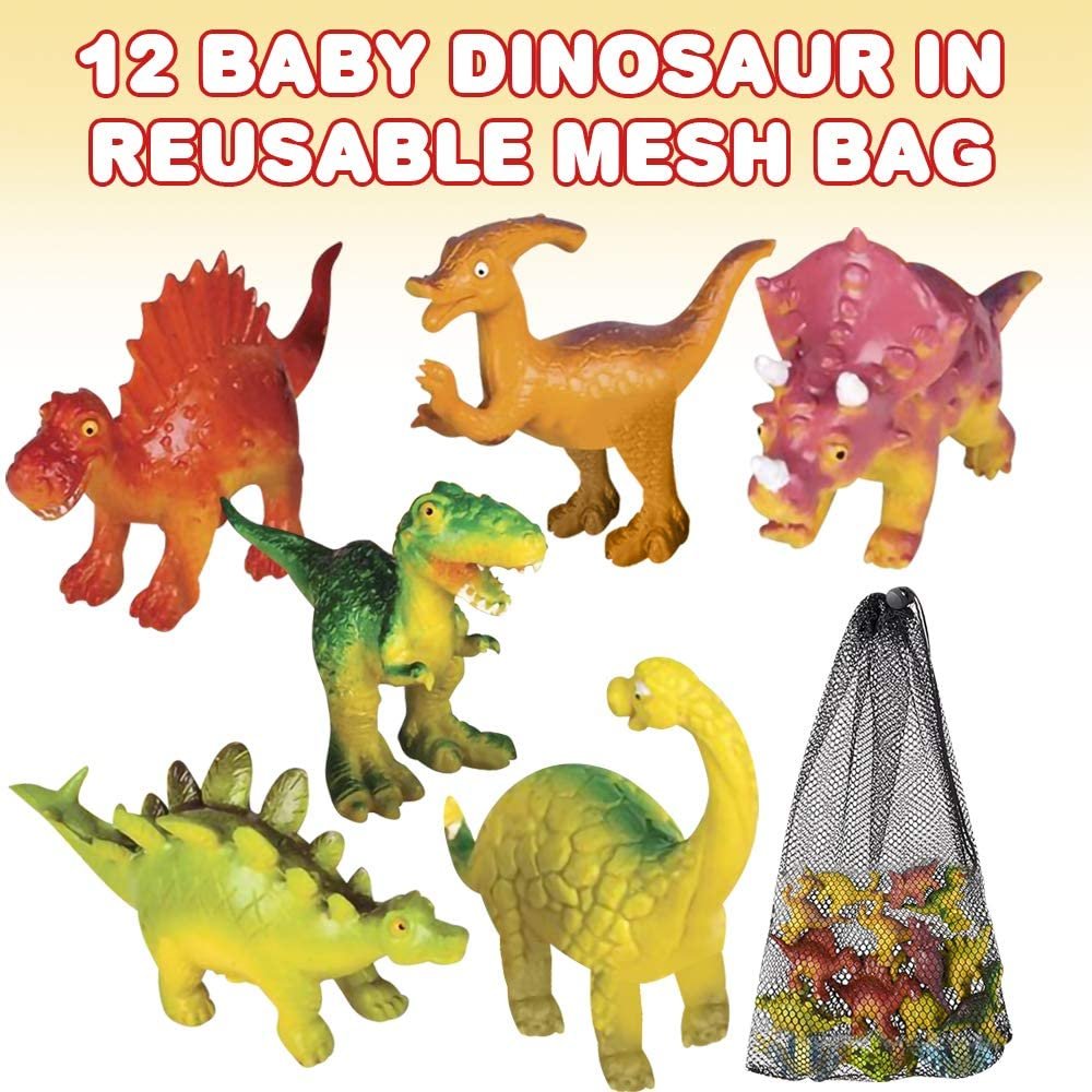 Baby Dinosaur Figures Assortment in Mesh Bag, Set of 12 Mini Dinosaur Figurines in Assorted Designs, Fun Dinosaur Playset for Kids, Bath Water Toys, Dino Party Favors for Boys and Girls