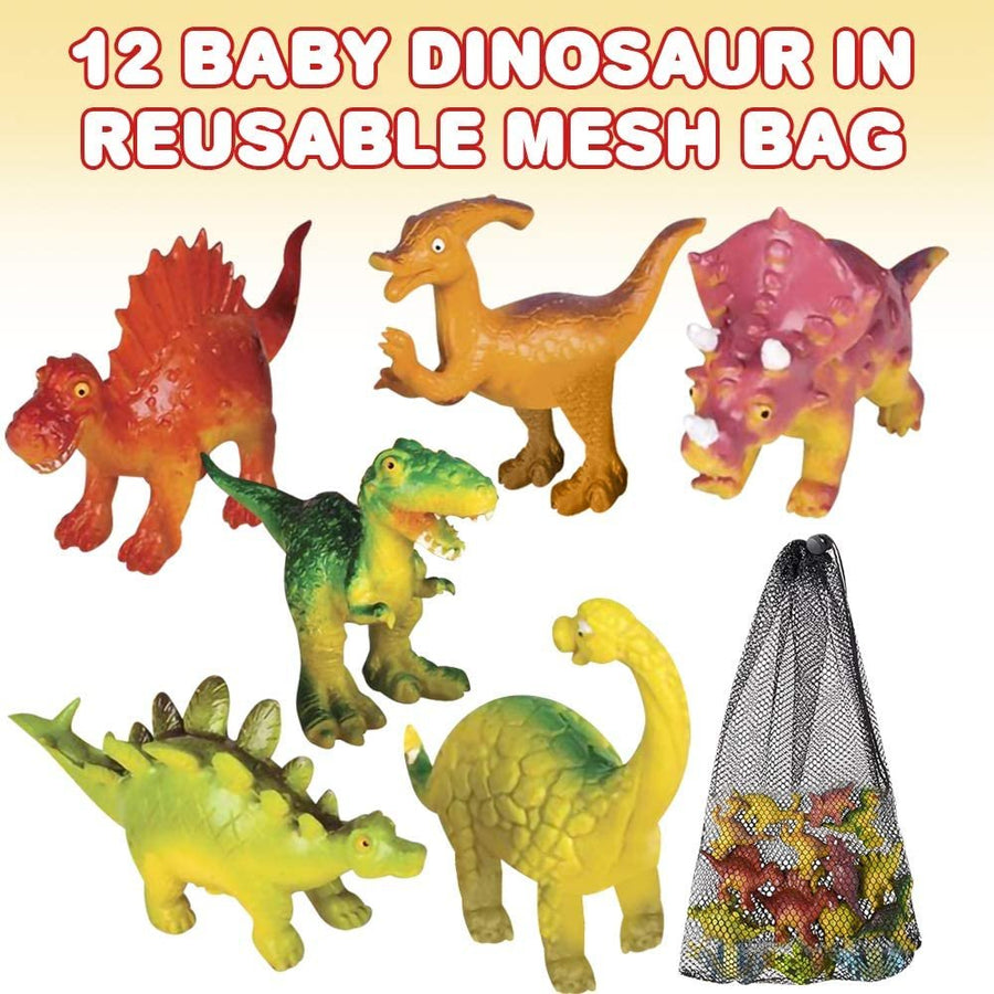 Baby Dinosaur Figures Assortment in Mesh Bag, Set of 12 Mini Dinosaur Figurines in Assorted Designs, Fun Dinosaur Playset for Kids, Bath Water Toys, Dino Party Favors for Boys and Girls