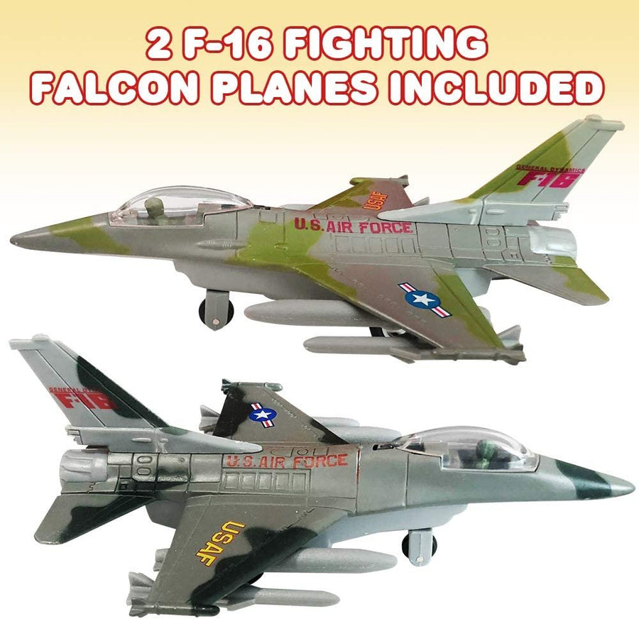 Diecast F-16 Fighting Falcon Jets with Pullback Mechanism, Set of 2, Diecast Metal Jet Plane Fighter Toys for Boys, Air Force Military Cake Decorations, Aviation Party Favors