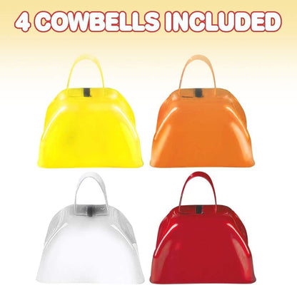 ArtCreativity 3 Inch Metal Cowbells Set - Pack of 4 - Loud Metal Cowbell Noisemakers with Handles - Red, Orange, Yellow and White Cowbell Set, Great for Football Games, Sporting Events, New Year’s Eve