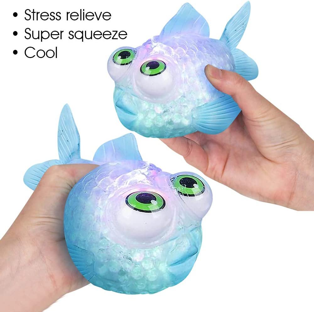 Light Up Squeezy Bead Tropical Fish, Set of 2, Flashing Squeezing Stress Relief Toys Filled with Water Beads, Calming Sensory Toys for Autism, ADHD, Fun Underwater Party Favors for Kids