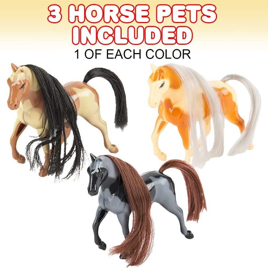 Horse Toys for Kids, Set of 3, Pet Toy Horses in Assorted Designs, Adorable Horse Gifts for Girls and Boys, Horse Party Favors, Room Decorations, and Goody Bag Fillers