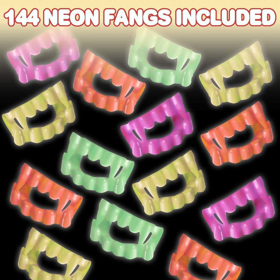 Neon Vampire Fangs for Kids and Adults, Bulk Pack of 144, Vampirina Party Supplies, Dracula Costume Accessories, Best for Halloween Party Favors, Treats, Décor, Goodie Bags