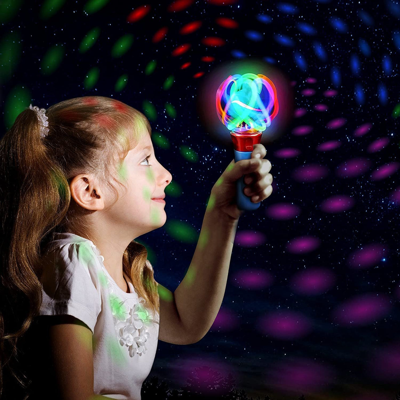 ArtCreativity, Red & Blue Light Up Orbiter Spinning Wands, Sensory Toys for Toddlers, Set of 2, 7" LED Spin Toy, Autistic Children, Boys, Girls, Birthday, Classroom Prizes