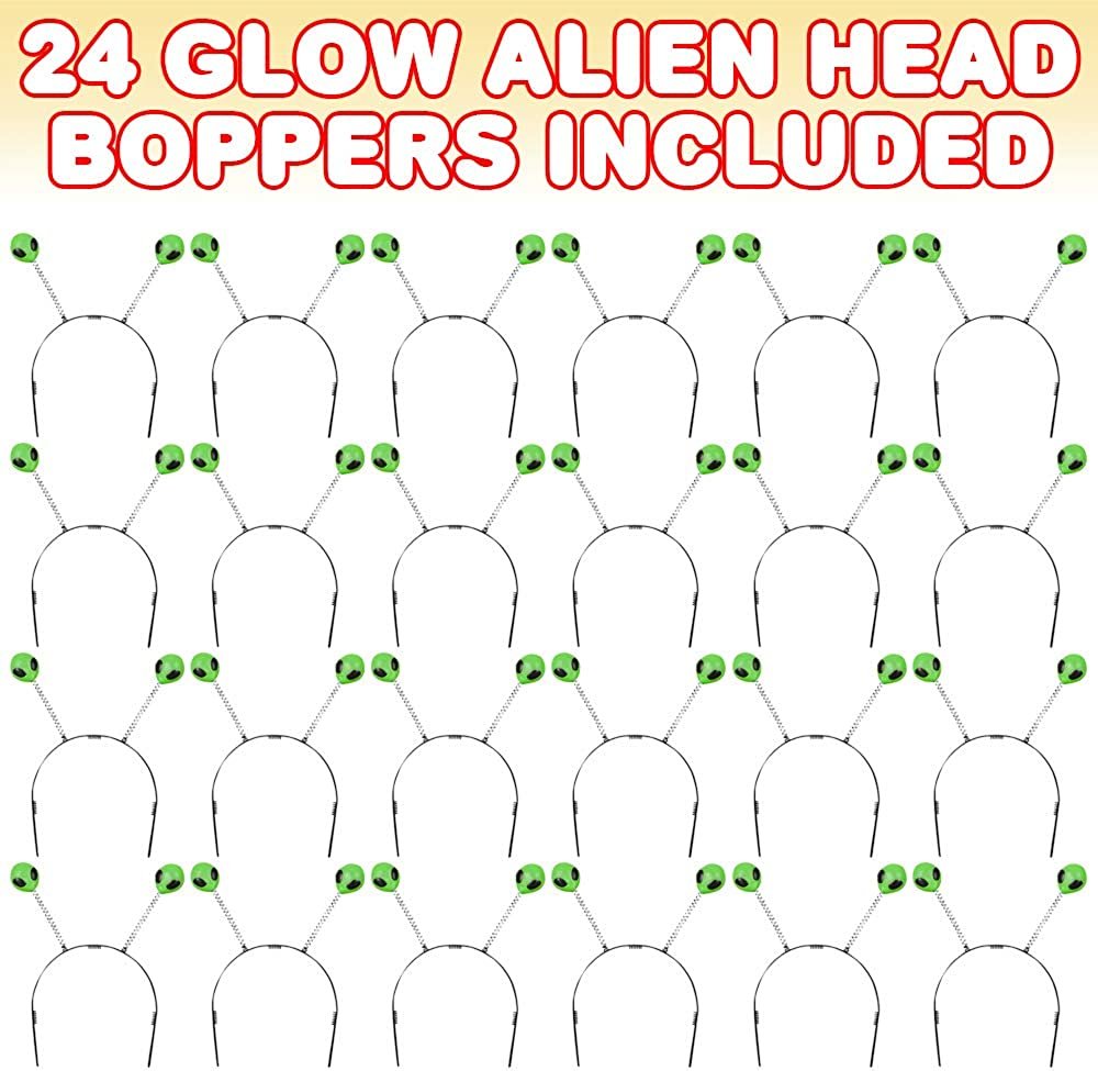 ArtCreativity Glow Alien Boppers, Set of 24, Glow-in-the-Dark Headbands for Kids, Fun Alien Birthday Party Favors, Outer Space Party Supplies, Goody Bag Fillers for Boys and Girls