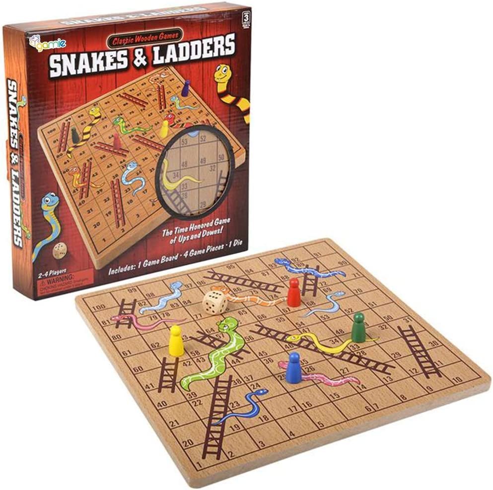 Gamie Wooden Snakes and Ladders Board Game, Complete Set with Board, 4 Pegs, and 1 Die, Classic Fun for Family Game Night and Classroom, Best Birthday Gift Idea for Boys and Girls
