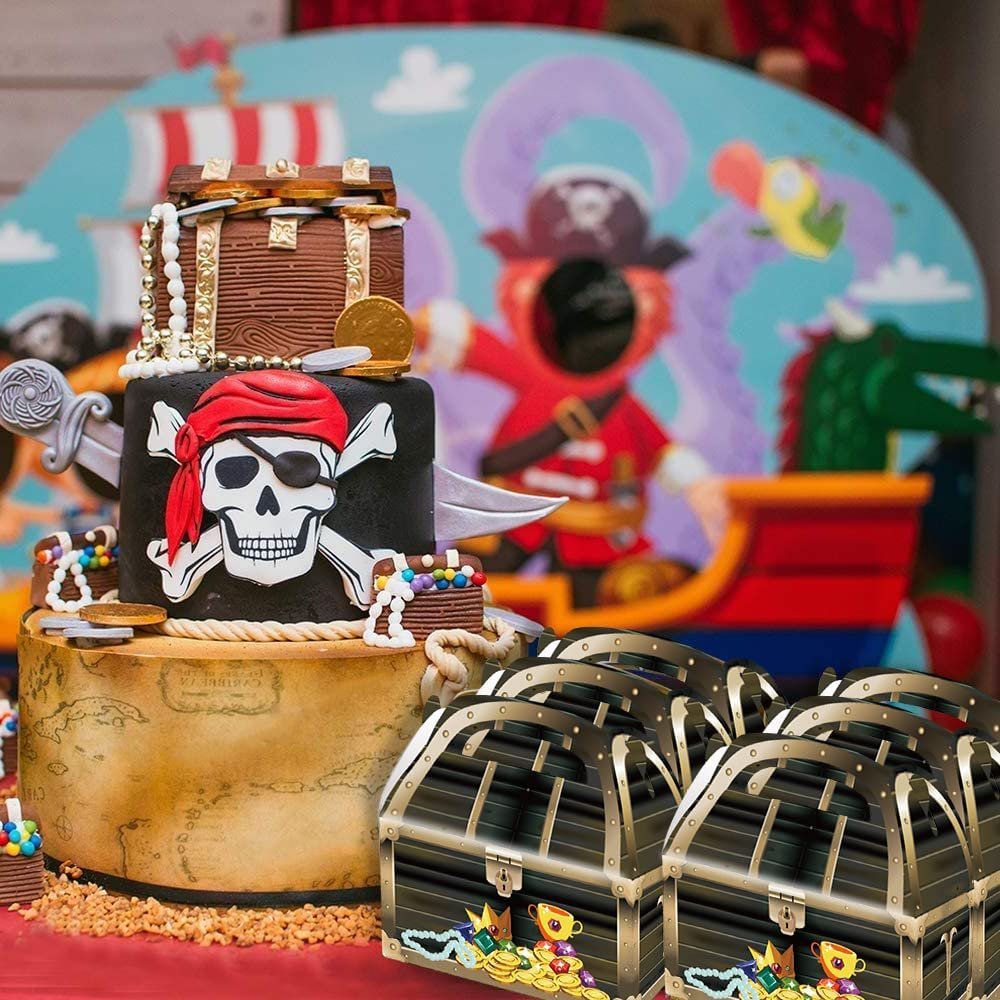 Treasure Chest Treat Boxes for Candy, Cookies and Party Favors - Pack of 12 Cookie Boxes, Cute Cardboard Boxes with Handles for Pirate Birthday Party Favors, Holiday Goodies