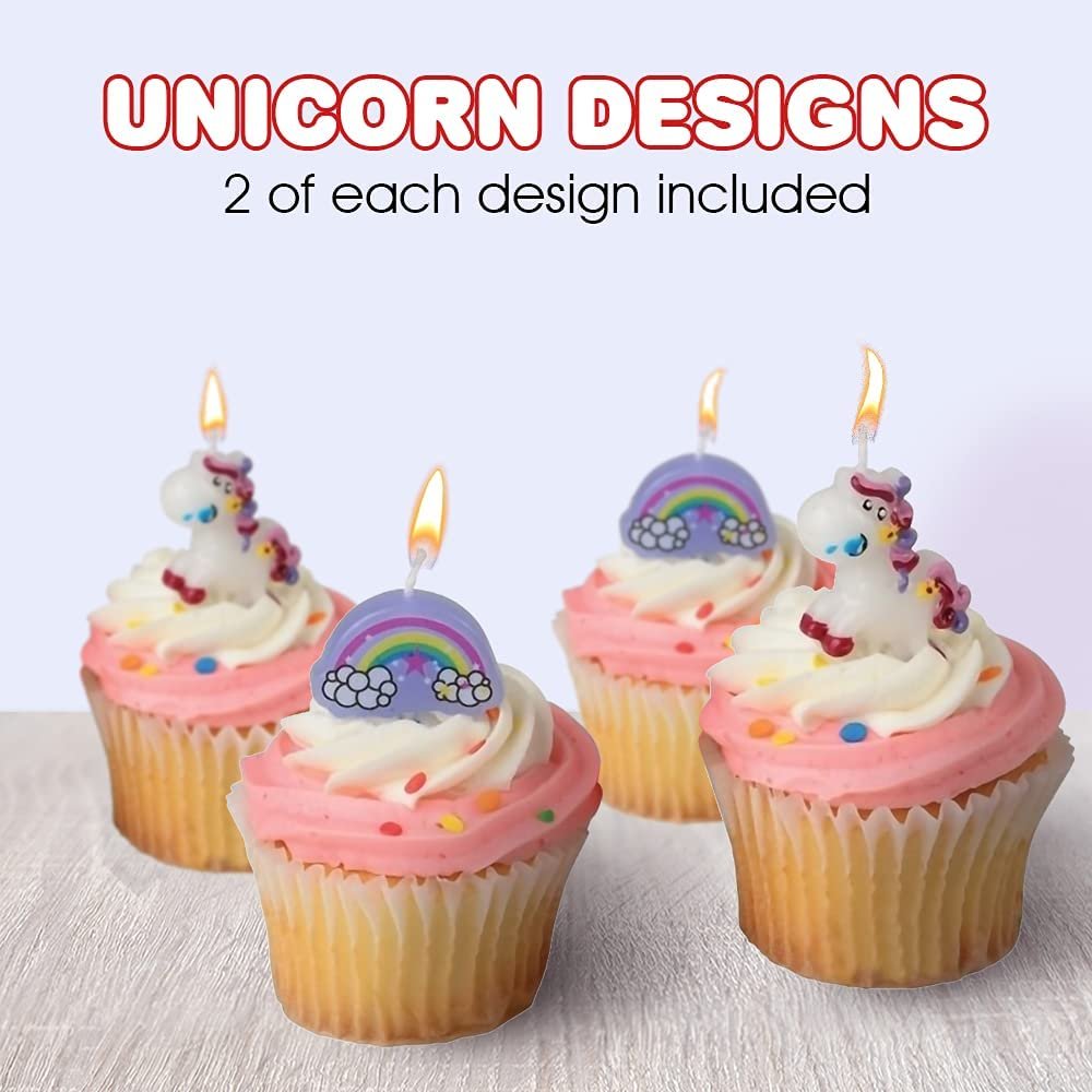 Unicorn and Rainbow Pick Candles, Set of 4, Unicorn Themed Birthday Cake Candles, Magical Birthday Party Supplies and Decorations, Cake Topper, Cupcake Topper