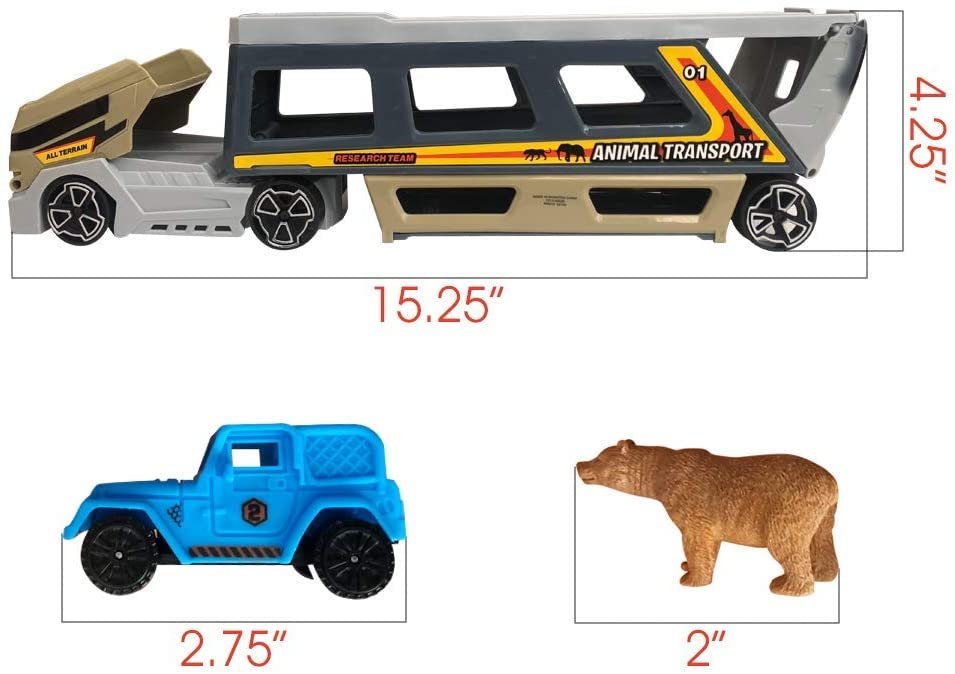 Car Transporter with Animals, Safari Playset for Kids with 1 Transporting Truck, 6 Toy Vehicles and 6 Animal Figurines, Pretend Play Toys for Children, Great Birthday Gift