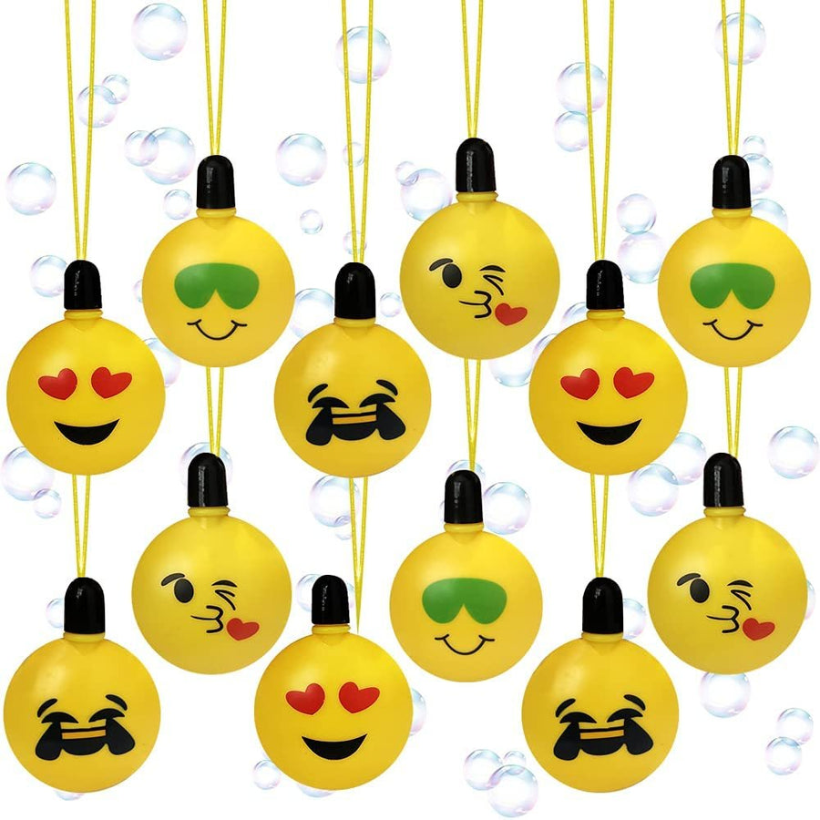 Emoticon Bubble Blower Bottles with Wands, Pack of 12, Bubble Toys for Kids with Attached Necklaces, Fun Summer Party Favors, Goodie Bag Fillers, Gift Idea for Boys and Girls