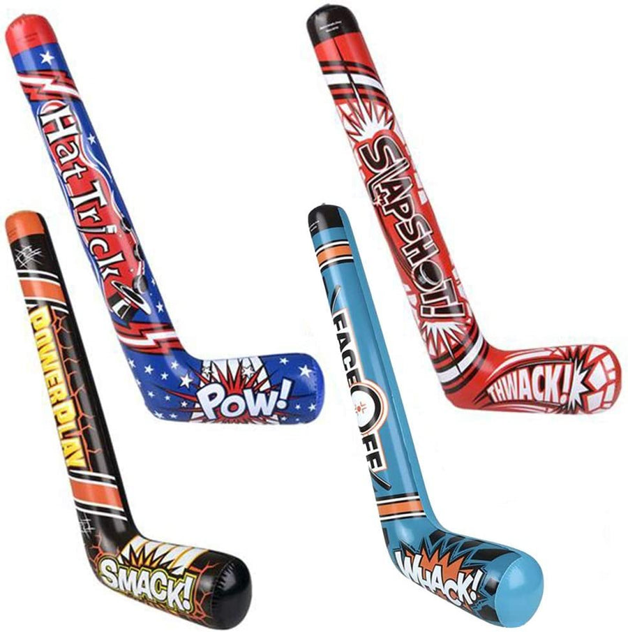 Hockey Stick Inflates, Set of 4, Inflatable Hockey Party Decorations, Fun Assorted Designs, Sports Birthday Party Favors, Unique Pool Toys for Kids, Cool Boys’ Room Decor
