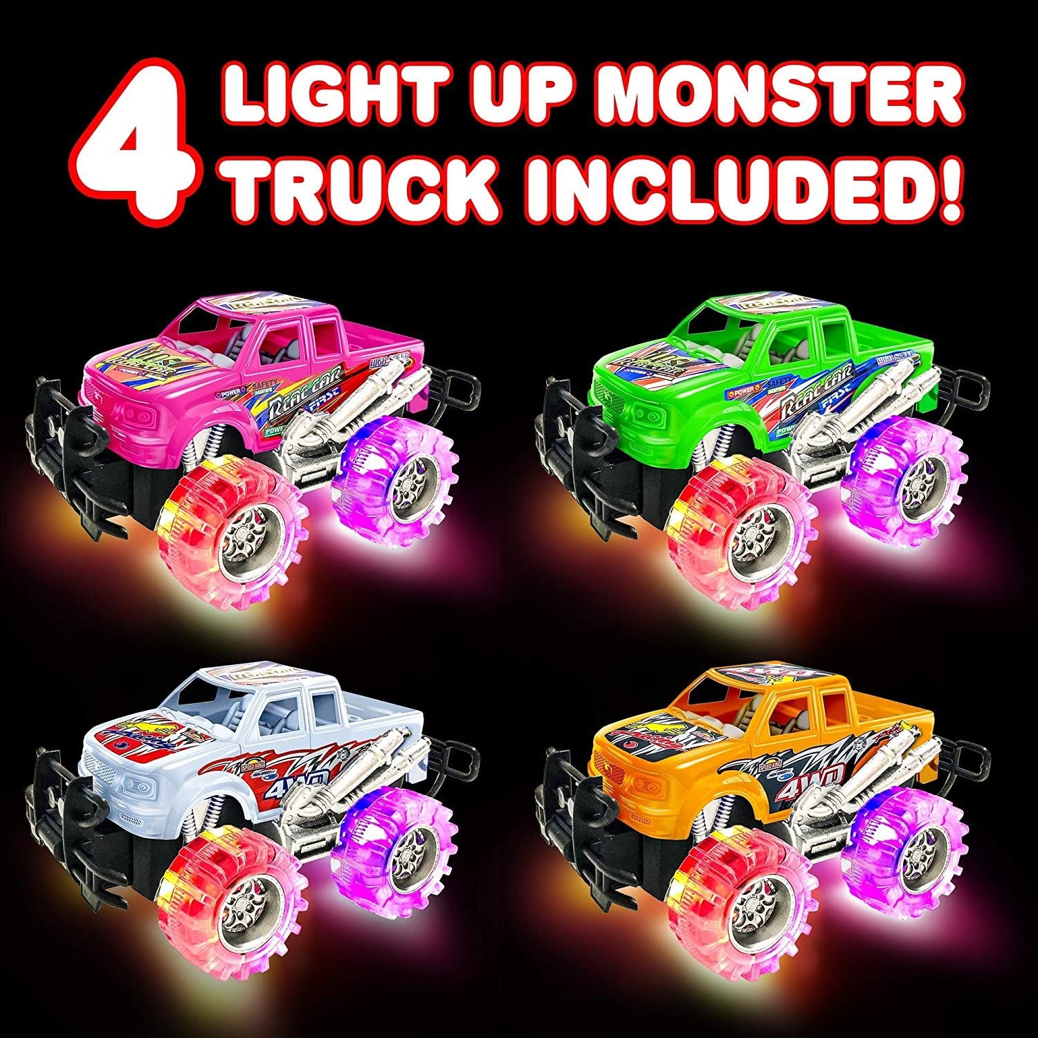 Light Up Monster Trucks (4 Pcs) - 6" Push 'n Go Monster Toy Cars For Kids