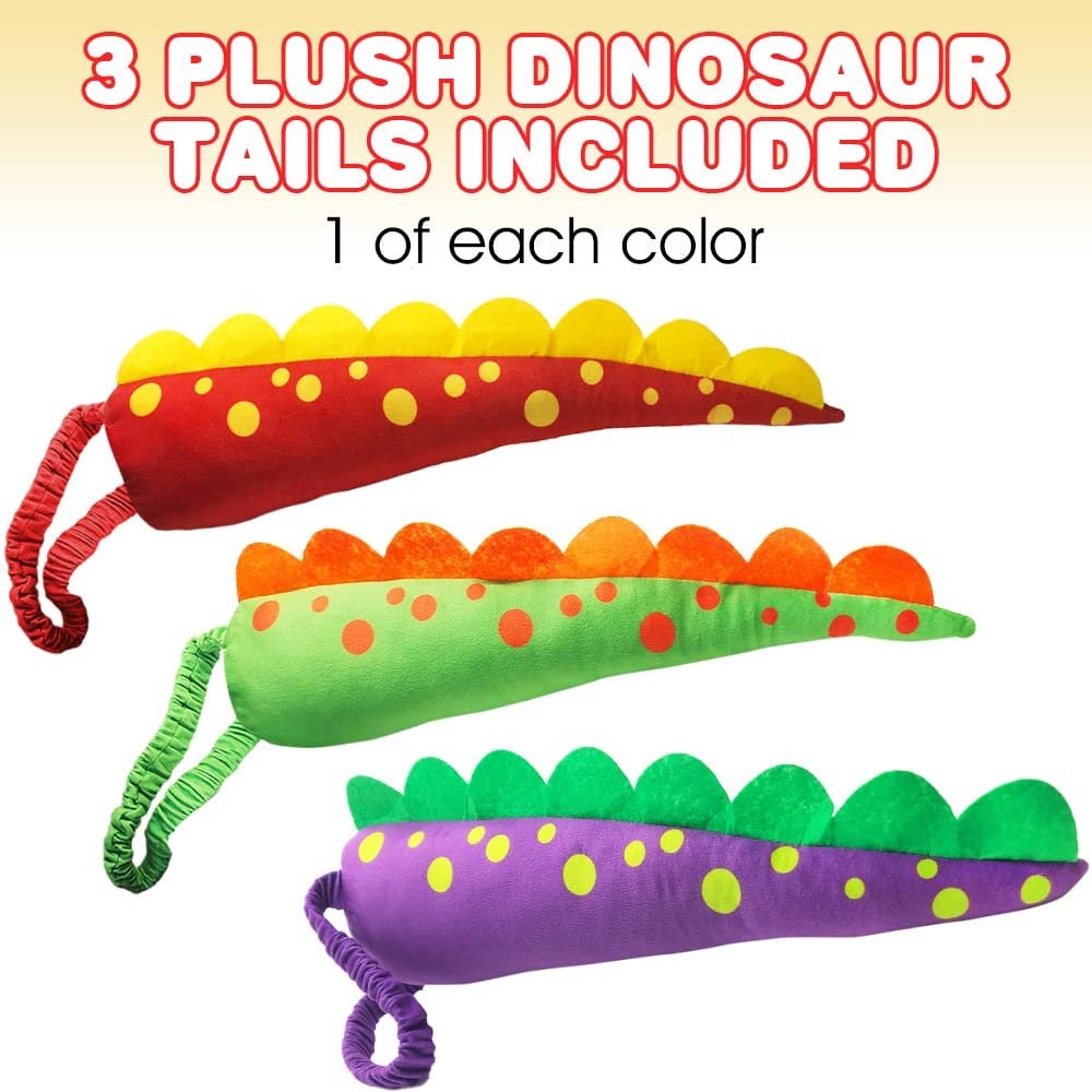Plush Dinosaur Tails for Kids, Set of 3, Dragon and Dinosaur Costume Accessories for Halloween and Dress-Up, Dinosaur Birthday Party Favors Supplies, Assorted Colors, 17.25" Long