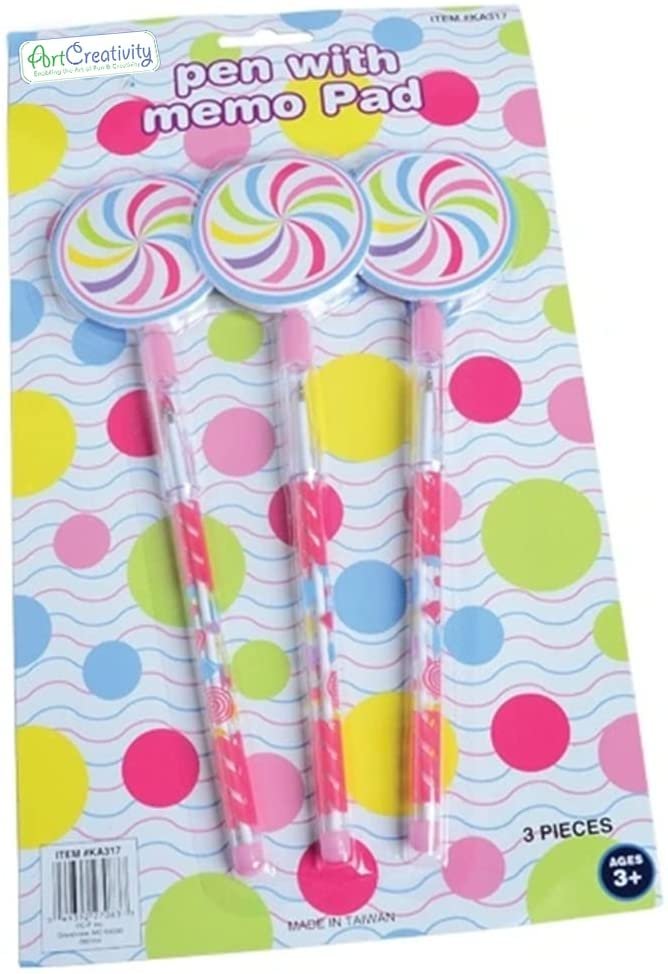 Pens for Kids with Candy Memo Pads, Set of 3, Lollipop Shaped Stationery for Kids, Great as Stocking Stuffers, Goodie Bag Fillers, Classroom Prizes, and Teacher Awards
