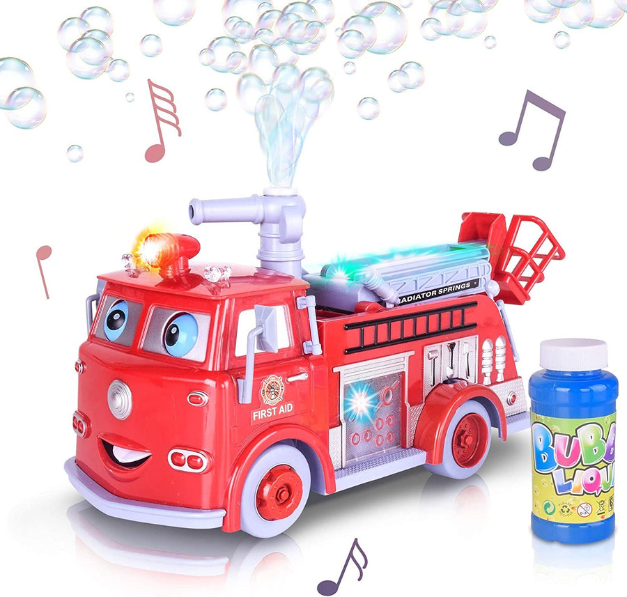 Bubble Blowing Fire Engine Toy Truck for Kids, LED and Siren Effects