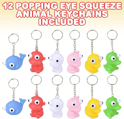 ArtCreativity Popping Eye Squeezy Animal Keychains for Kids, Set of 12, Variety of Animal Characters, Fun Keychains for Backpack, Purse, Luggage, Cool Birthday Party Favors and Goodie Bag Fillers