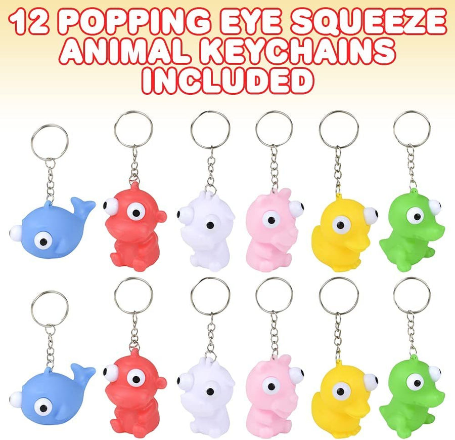 Popping Eye Squeezy Animal Keychains for Kids, Set of 12, Variety of Animal Characters, Fun Keychains for Backpack, Purse, Luggage, Cool Birthday Party Favors and Goodie Bag Fillers