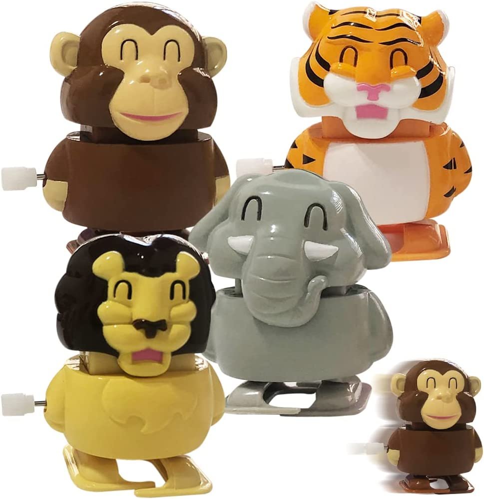 Wind Up Animal Toys for Kids, Set of 4, Walking Wind Up Toys with Elephant, Tiger, Lion, and Monkey Design, Safari Party Favors and Zoo Party Supplies, Safari Goodie Bag Fillers for Kids