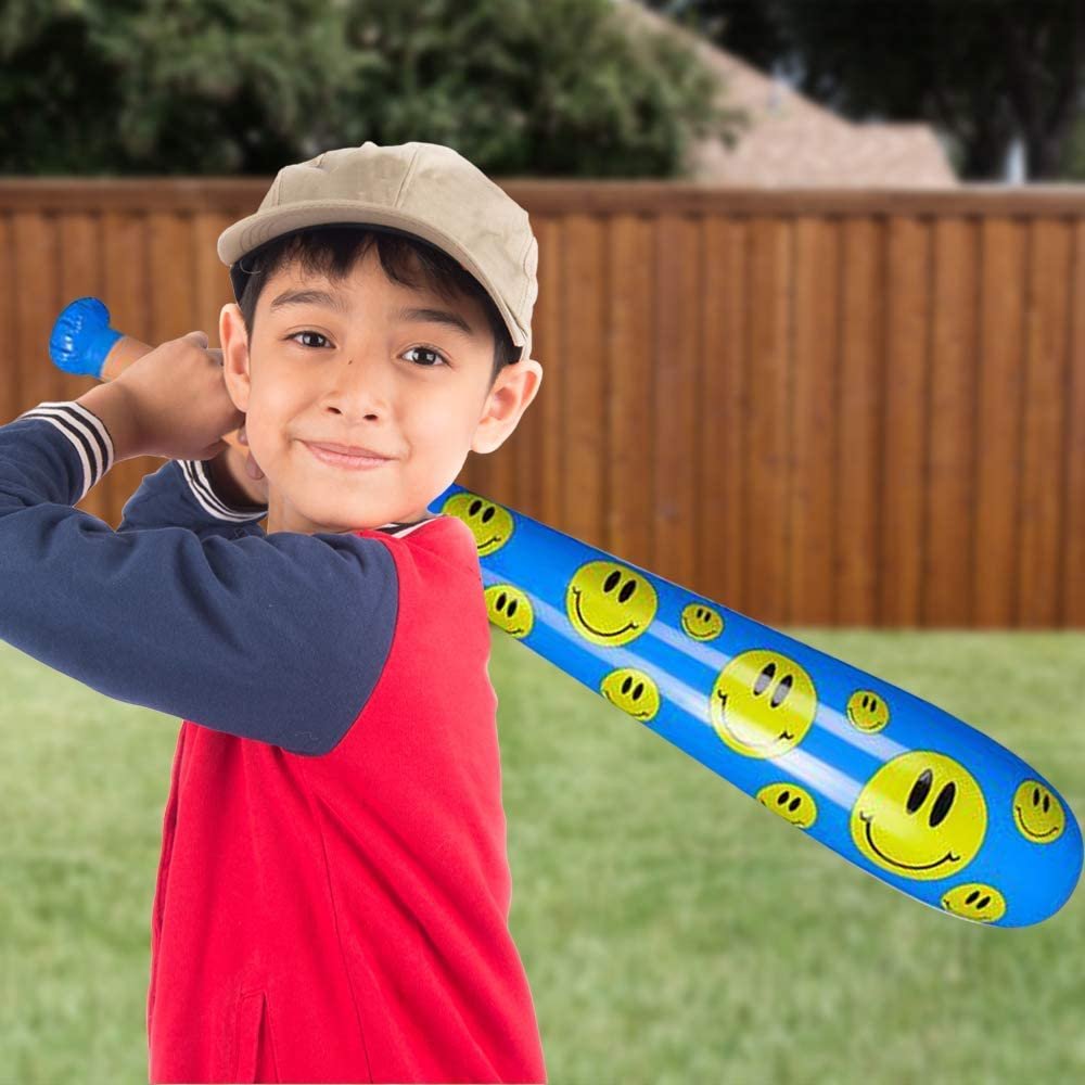 ArtCreativity Smile Face Baseball Bat Inflates for Kids, Set of 4, 40 Inch Durable Inflates in Assorted Colors, Cool Sports Birthday Party Favors, Decorations, and Supplies, Carnival Party Prizes