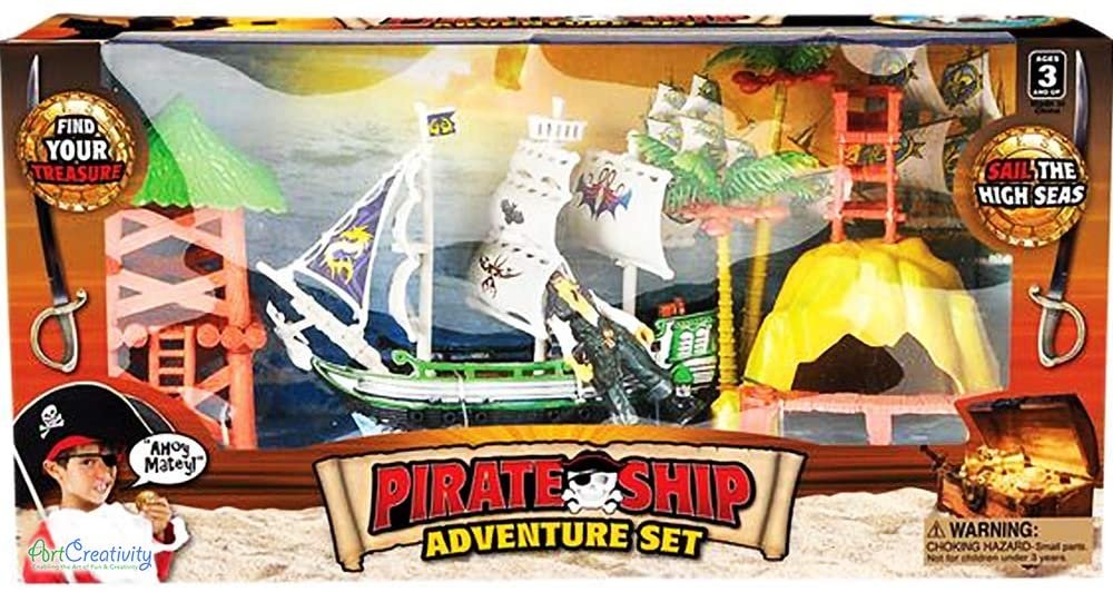 Pirate Adventure Playset for Kids - 4 Piece Set - Pirate Ship, Toy Figurine, and 2 Caribbean Island Pieces - Durable Pretend Play Kit - Best Holiday or Birthday Gift for Boys and Girls