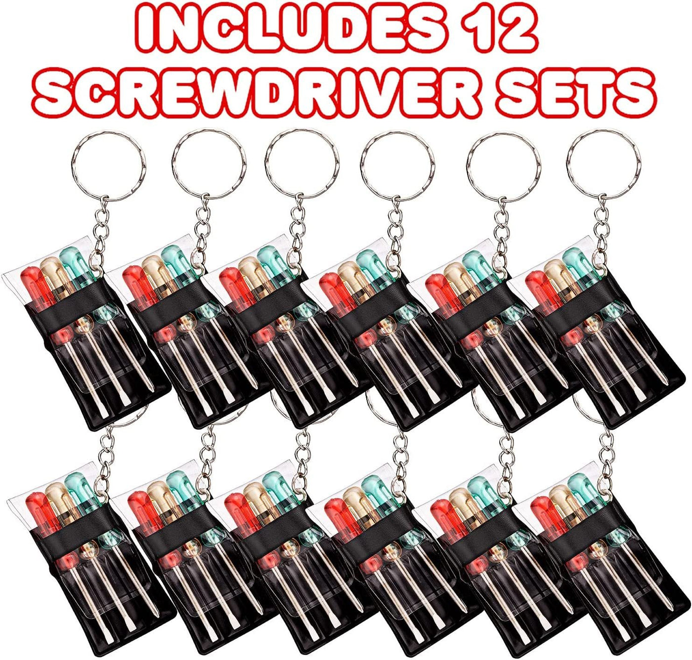 Mini Screwdriver Set with Keychain - Set of 12 - Each Set Includes 3 Screw Drivers in a Portable Pouch - Cool Party Favor - Goodie Bag Filler