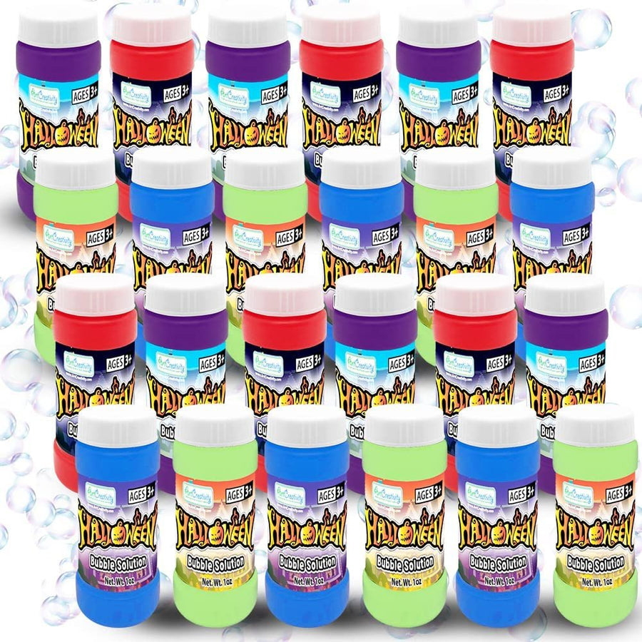 Halloween Mini Bubble Bottles, Set of 24, Kids’ Bubble Toys with Wands and 2 Ounces of Fluid Each, Halloween Party Favors, Non-Candy Trick or Treat Supplies, 4 Designs