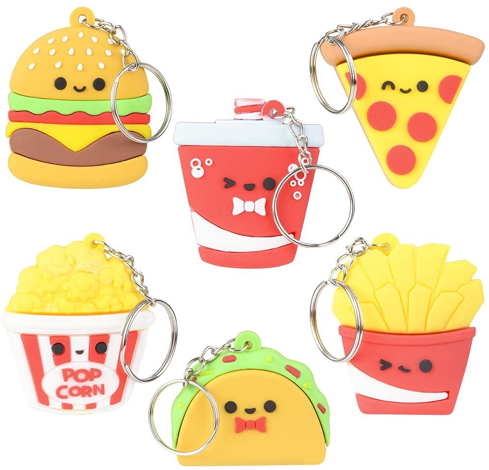 ArtCreativity Fast Food Keychains For Kids, Set of 6, Includes Soda, Pizza, Taco, Sandwich, Popcorn And French Fries, Cool Keychain Accessories, Keychains For Boys and Girls, Food Party Favors
