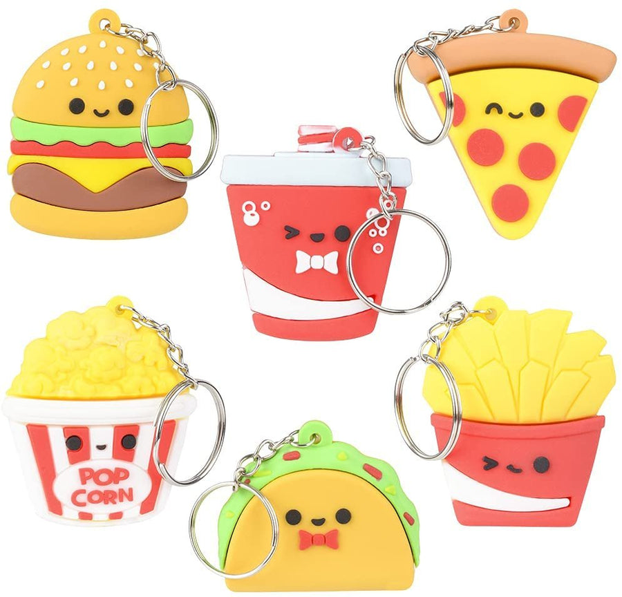 Fast Food Keychains For Kids, Set of 6, Includes Soda, Pizza, Taco, Sandwich, Popcorn And French Fries, Cool Keychain Accessories, Keychains For Boys and Girls, Food Party Favors