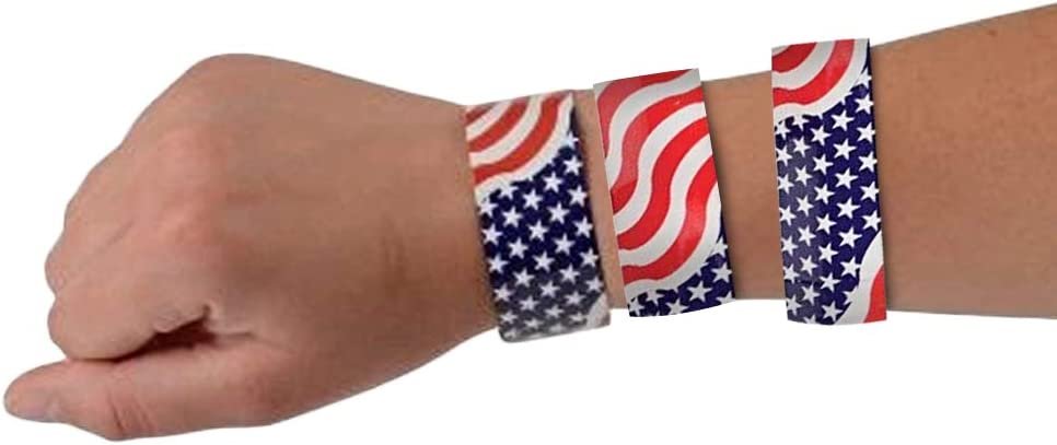 Patriotic Slap Bracelets for Kids, Set of 12, Stars and Stripes Slap Wrist Bands, July 4th Party Favors for Kids, Red, White, and Blue Accessories for Memorial and Veterans Day