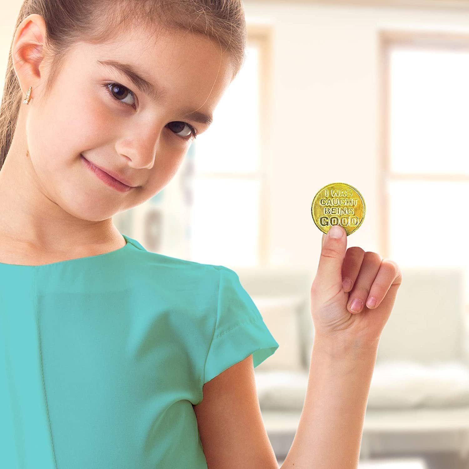 Colorful Coin Collection - Pack of 144 – ‘I was Caught Being Good’ Coins, Tokens for Kids Behavior - Smile Face Fake Money Coins, Ideal School Reward and Prize from Mom to Kids Ages 3+