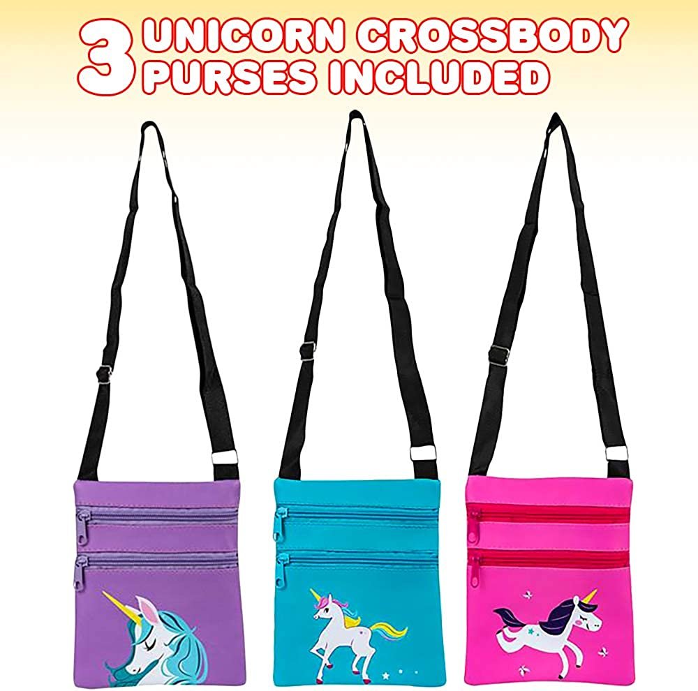 ArtCreativity Unicorn Crossbody Bags, Set of 3, Cute Cross Body Purses for Kids and Adults with 2 Zipper Pockets, Adjustable Strap, Great Unicorn Gifts and Party Favors for Girls, Purple, Pink, Blue