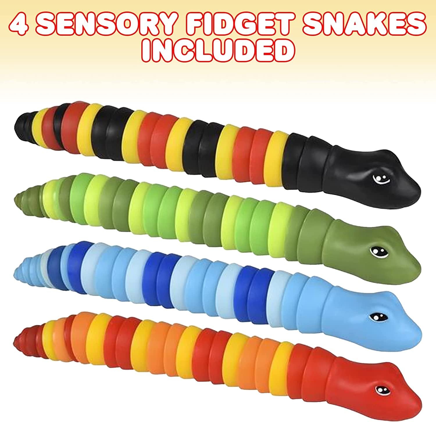 Sensory Fidget Snake Toys for Kids, Set of 4, Plastic Snake Toys with Wiggle Movement and Clacking Sounds, Stress Relief Fidget Toys for Kids, Goodie Bag Stuffers and Stocking Fillers