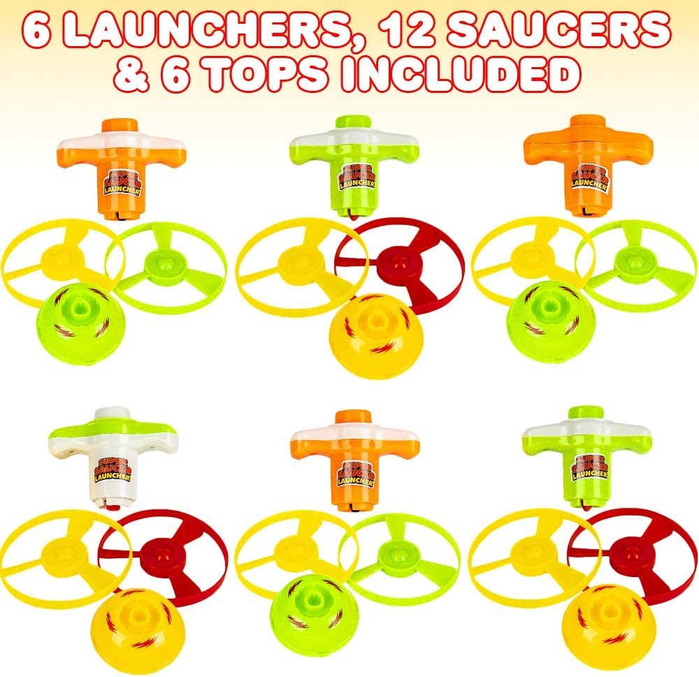 ArtCreativity 2 in 1 Speed Top Flyer, Set of 6, Each Set Includes 1 Top, 2 Discs, and 1 Launcher, Fun Spinning Toys for Kids, Cool Birthday Party Favors and Goody Bag Fillers for Children