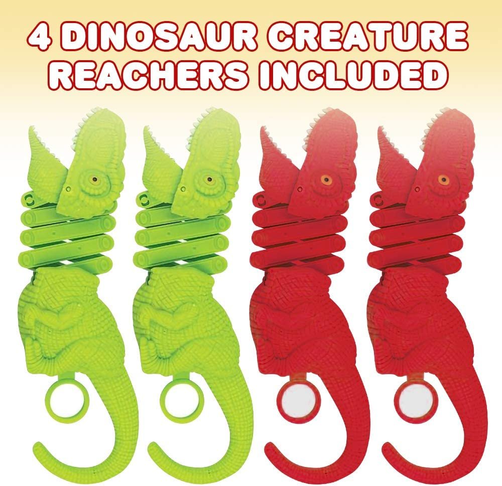 Dinosaur Creature Reacher, Set of 4, Dino Grabber Toy for Kids, Durable Plastic Animal Grabbers, Dinosaur Birthday Party Favors, Treasure Box Prizes, Novelty Gag Gift, Red & Green