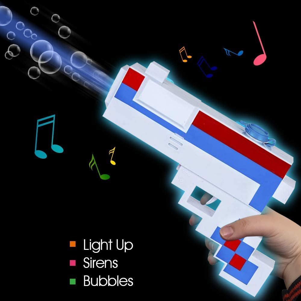 Patriotic Pixel Bubble Blaster Toy Gun with Lights & Sound, 2 Bottles of Bubble Solution & Batteries Included, Red, White, and Blue Light Up Pixelated Blower for Boys, Girls, 4th of July