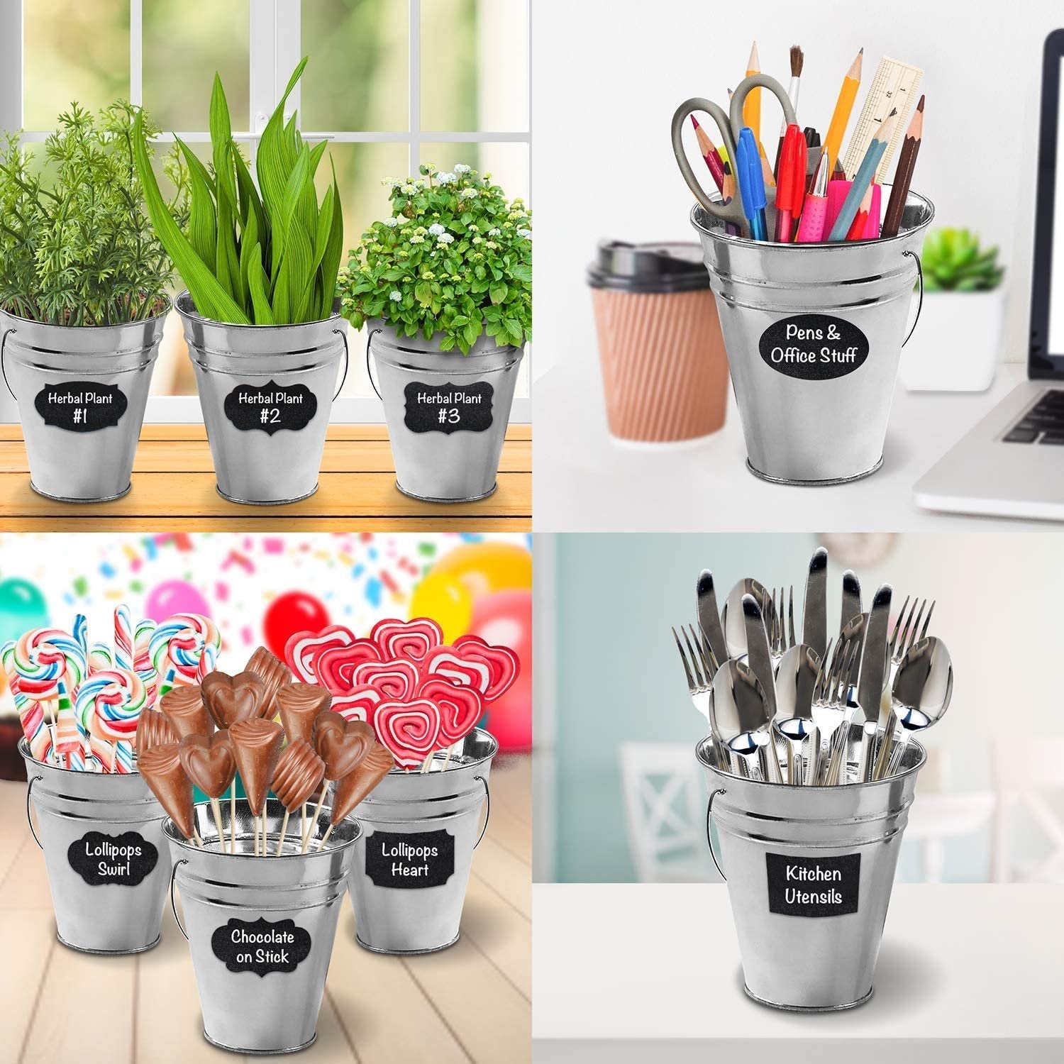 Large Galvanized Metal Buckets Set, Includes 12 Rustic Pails with Handles, 24 Chalkboard Labels and 1 Liquid Chalk Marker, 5" Galvanized Buckets for Party Favors, Wedding Decorations