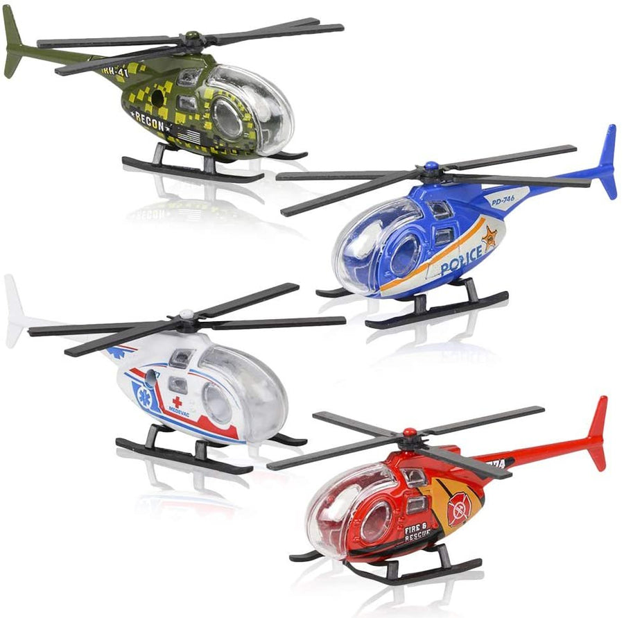 Diecast Helicopters - Pack of 4 - Police, Fire Engine, EMS, and Military Diecast Toy Choppers with Spinning Propellers, Birthday Party Favors for Boys and Girls