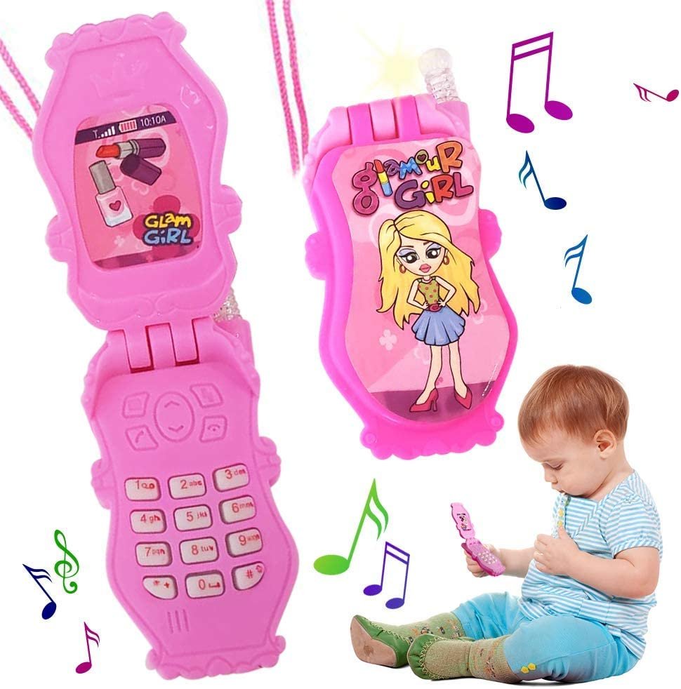 Pretend Play Flip Cell Phones for Kids, Toddlers - 6 Pack, Cellphone Toy with Songs, Ringtones, Funny Messages and LEDs, Birthday Party Favors and Gifts for Girls - Pink and White
