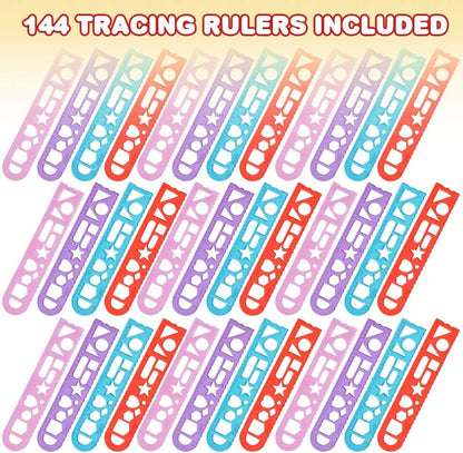 ArtCreativity Shape Tracing Rulers for Kids, Set of 144, Plastic Tracer Drawing Tools, Fun Color Assortment, Stationery Birthday Party Favors, Back to School Gifts, and Classroom Teacher Rewards