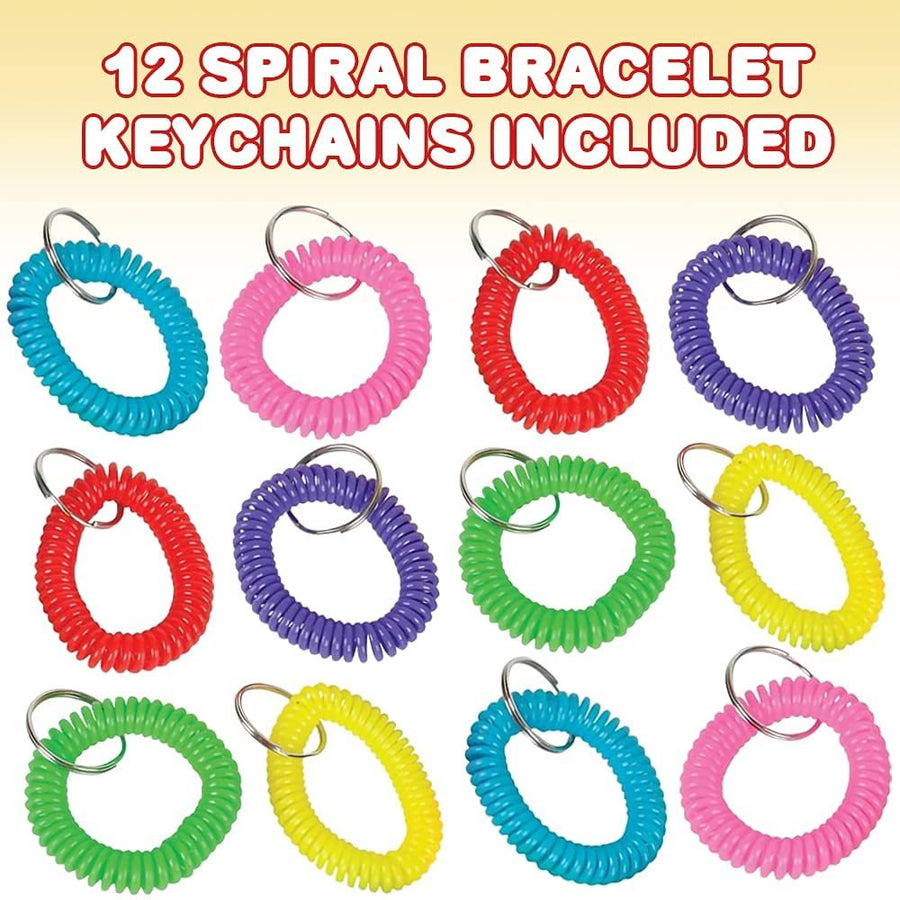 Spiral Keychains for Kids, Set of 12, Stretchy Coil Spring Keyholders in 6 Different Colors, Double As Wrist Bracelets for Girls and Boys, Party Favors and Goody Bag Fillers